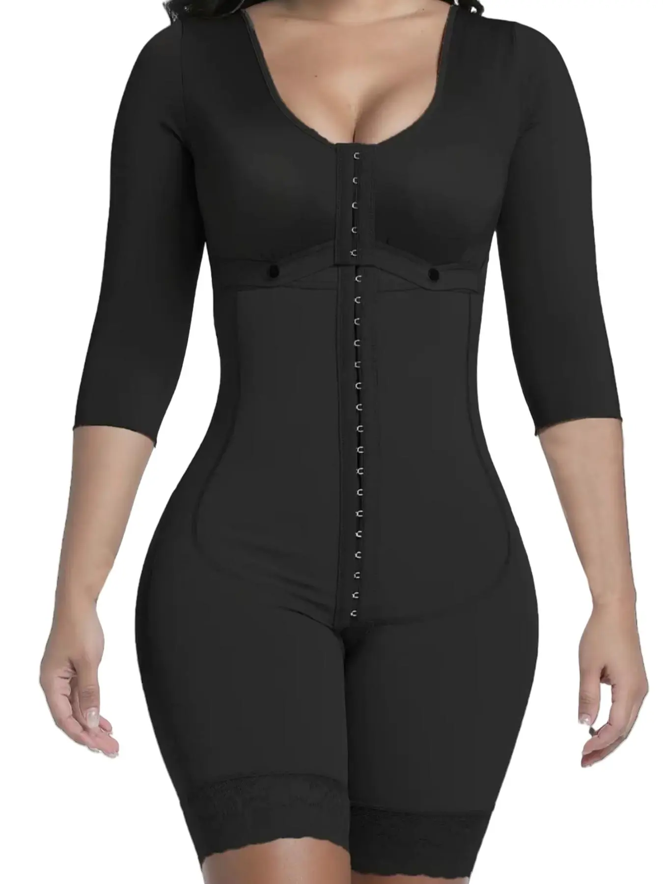 1 Count Women's Lace Butt Lifting And Tummy Control Shapewear Bodysuit, Tummy Control Shapers, Anti-Slip Silicone Edge Body Shaper, Solid Color Long Sleeve Shapewear, Colombian Shapewear, Suitable For Daily Wear Or Party, Underwear, Womenswear