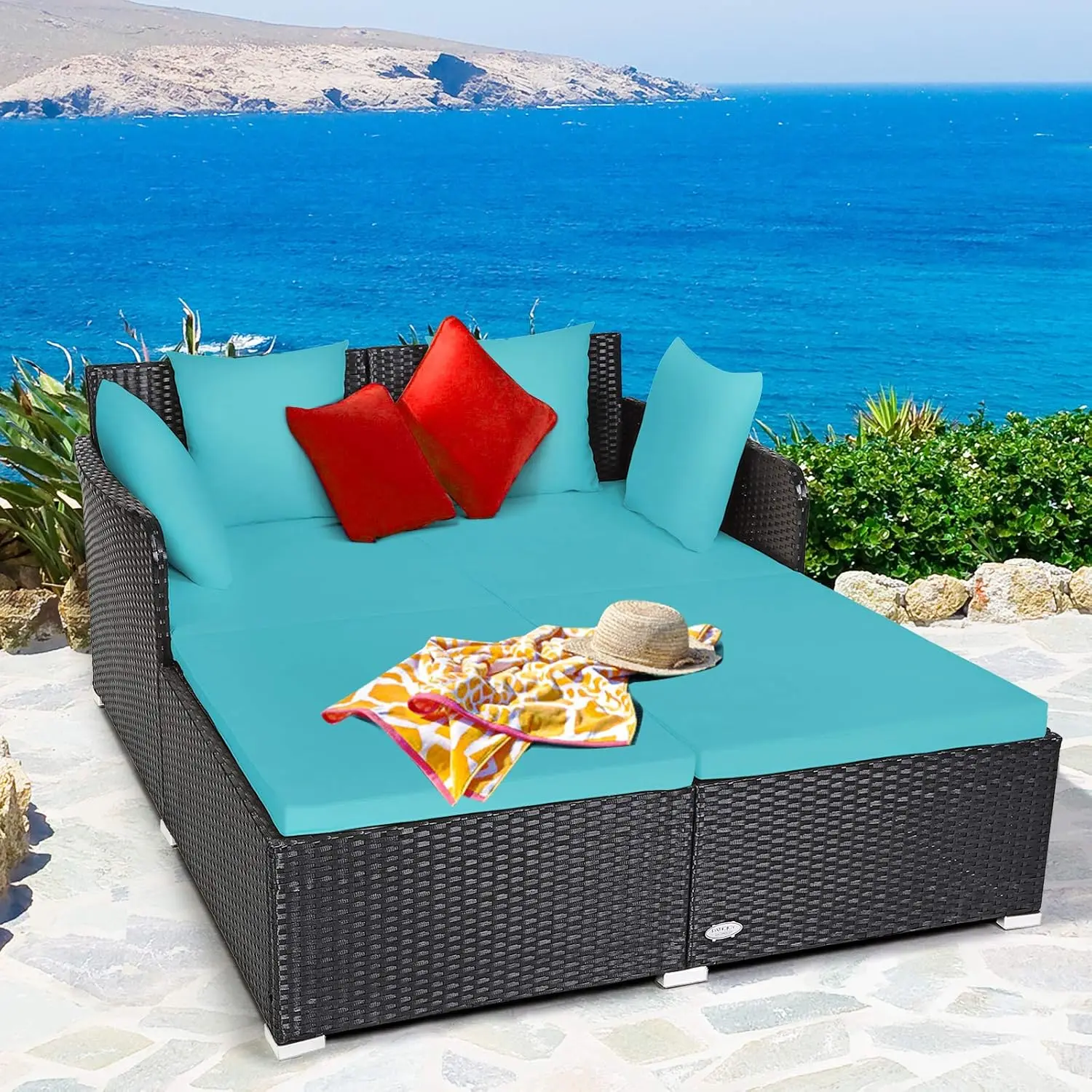 Vallmore Outdoor Rattan Daybed Sunbed, 800 lb Capacity, 61"x52" 2-Person Wicker Sofa Lounger, High-Resilience Cushion, Zippered Cover, 4 Pillows for Courtyard, Poolside