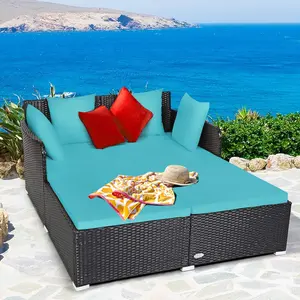 Vallmore Outdoor Rattan Daybed Sunbed, 800 lb Capacity, 61"x52" 2-Person Wicker Sofa Lounger, High-Resilience Cushion, Zippered Cover, 4 Pillows for Courtyard, Poolside