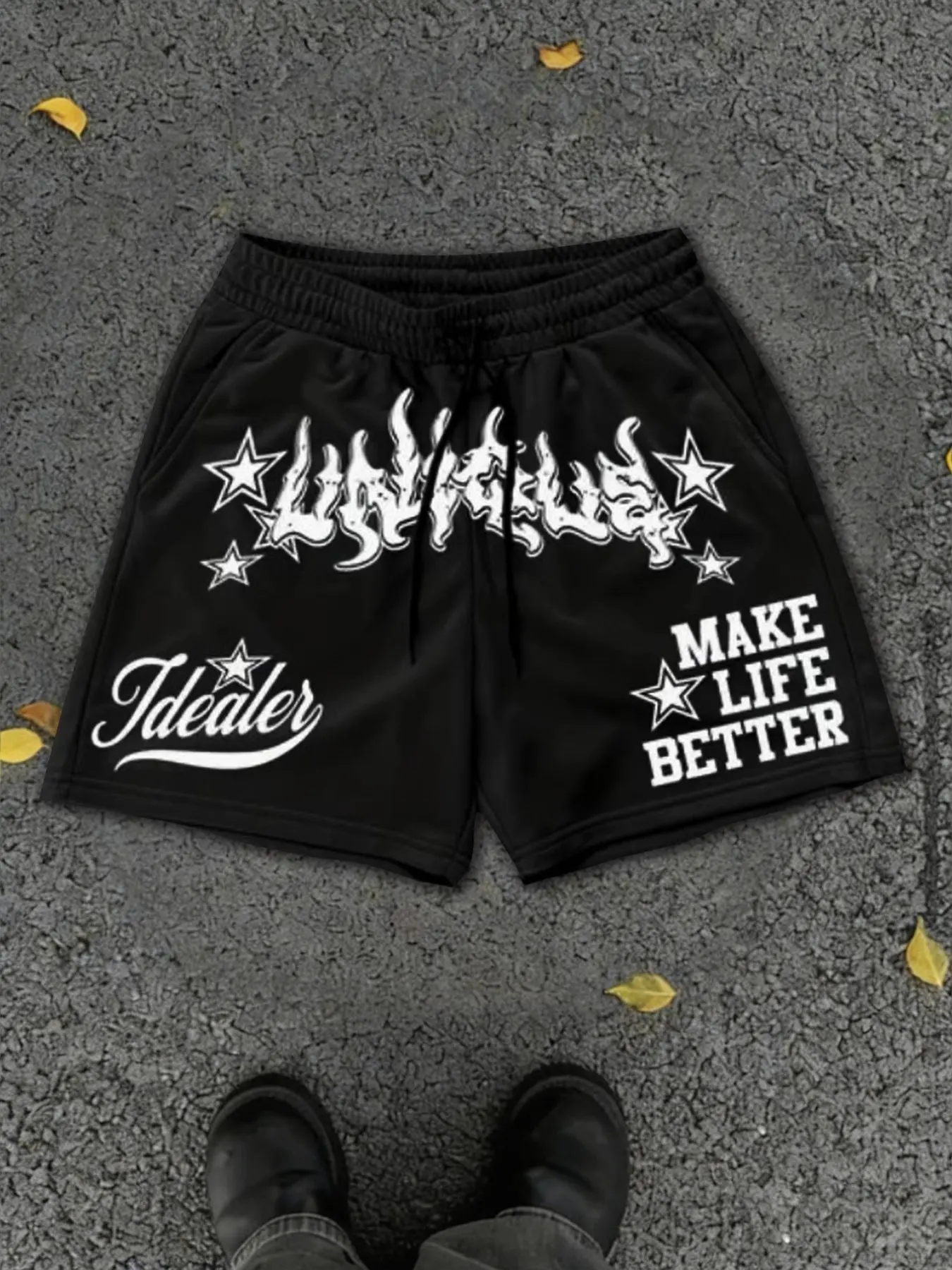 Men's Y2K Vintage Totem Shorts, Street Style American Retro Star Print & Flame Letters, Loose Basketball Shorts for Summer Skateboarding