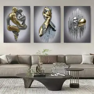 3pcs Creative Metal Figure Sculpture Abstract Canvas Art Couple Hugging Picture Living Room Home Unframed Decorative Wall Art Core