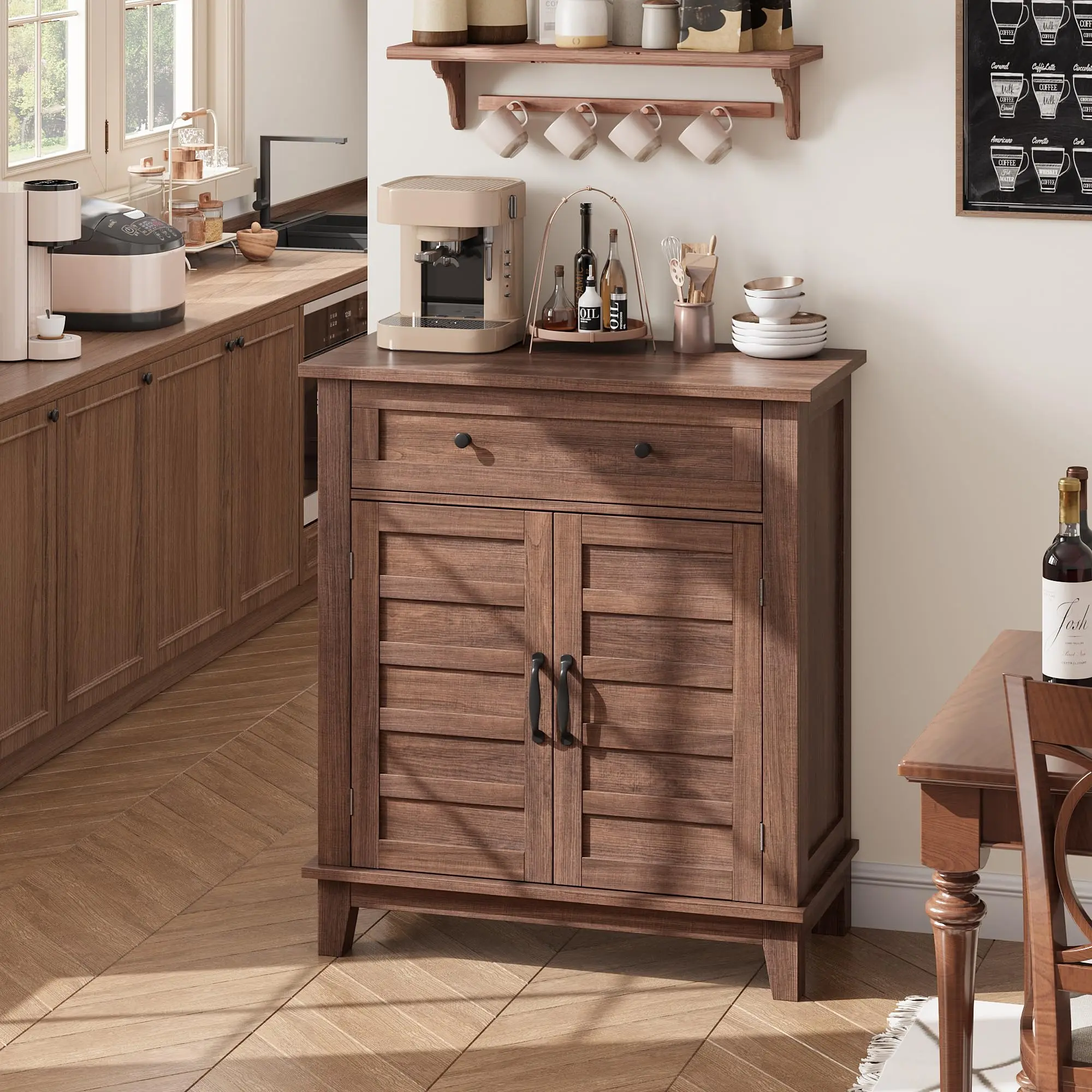 Versatile 3-Tier Farmhouse Sideboard Cabinet – Adjustable Shelf, Drawer & Doors, Waterproof Storage Buffet for Kitchen, Dining Room, Entryway – Multi-Functional Organizer