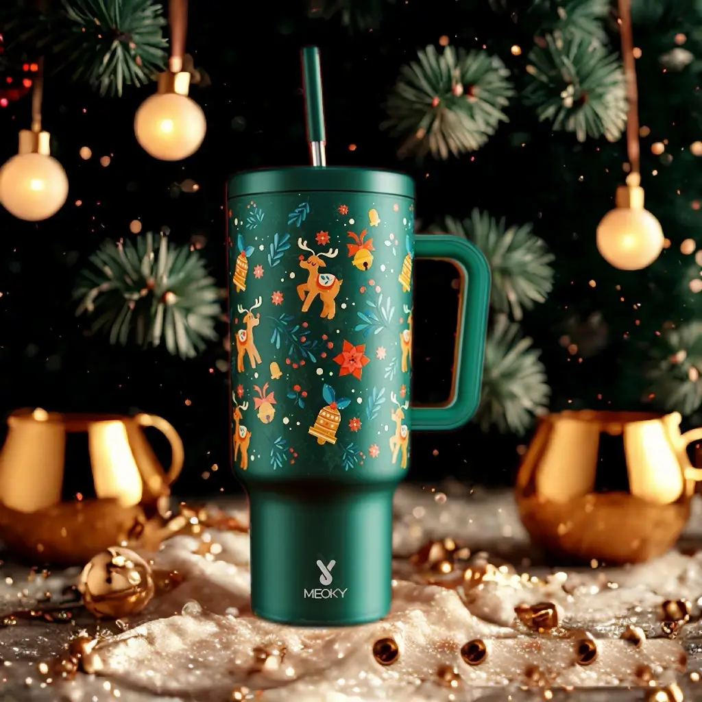 Meoky 40oz Christmas Gift Tumbler with Handle, Leak-proof Lid & Straw – Insulated Stainless Steel Travel Mug, Ideal for Hot & Cold Drinks