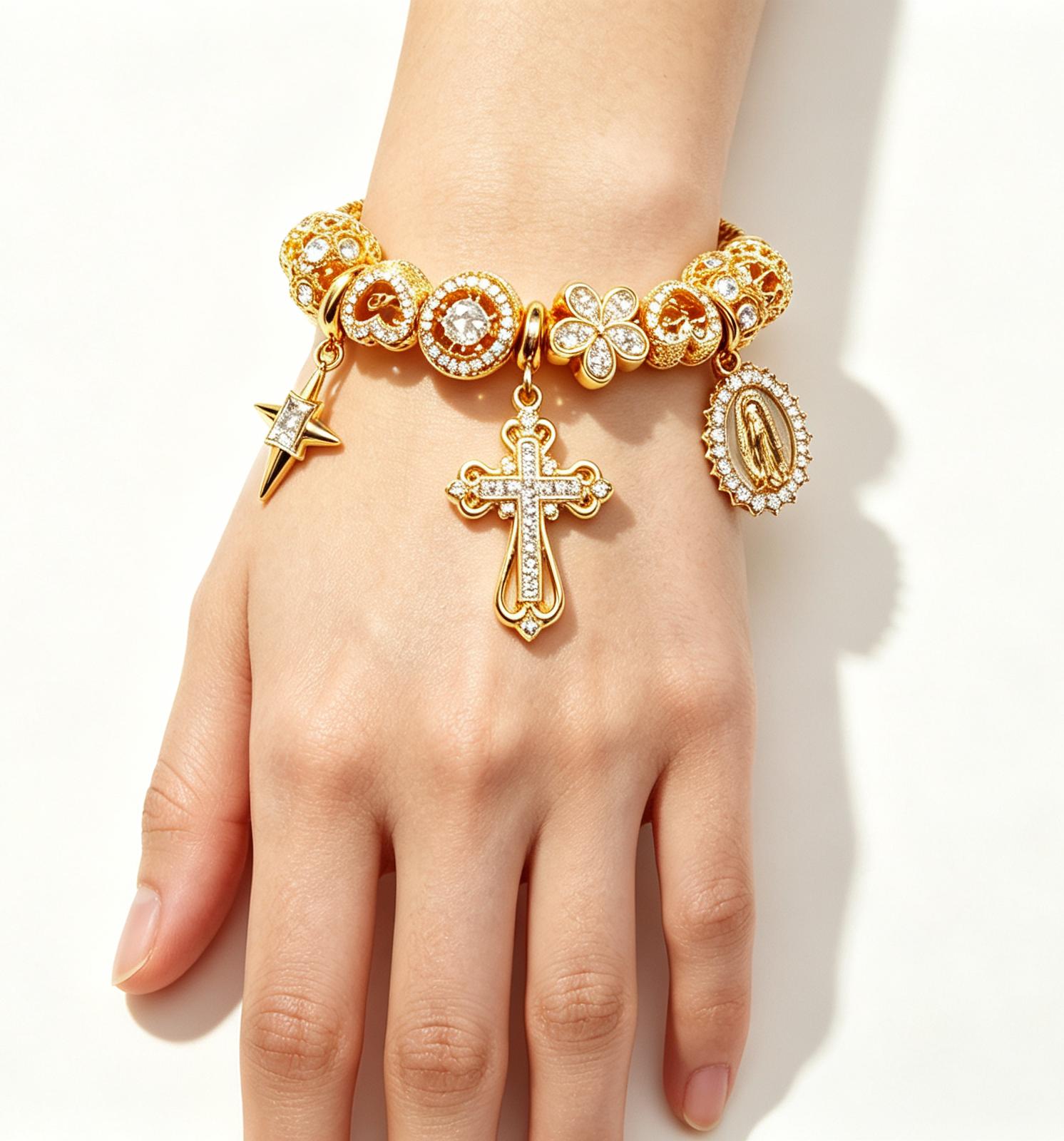 Gold-Tone Cross Star Charm Bracelet for Women, Crystal Multi-Charm Bracelet, Vintage Statement Jewelry Gift
