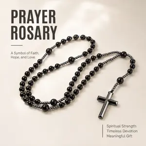 Natural Black Obsidian & UV Reactive Yooperlite Rosary Necklace, Hematite Cross Pendant, Spiritual Grounding Crystal Jewelry for Women and Men, Calming Energy Meditation Beads, Alternative Wedding Gift, Gothic Prayer Necklace