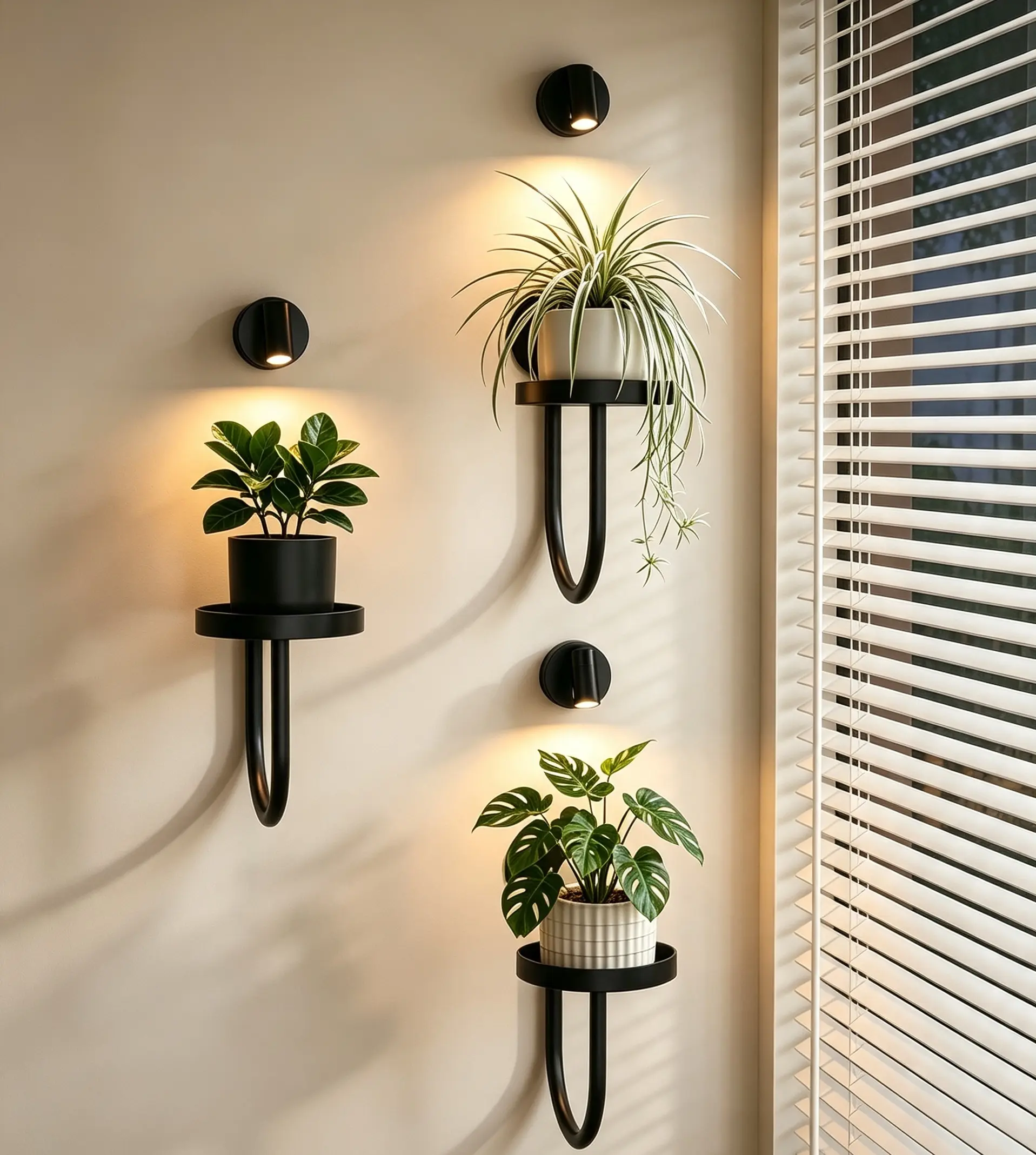 Space-Saving Wall-Mounted Hanging Plant Pot with 3 LED Lights（not growlights） - Hardware Planter, Plant Pots Indoor, Floor Space Freed, Includes Mount, Fits Cozy Indoor Home Corners, Modern Accent Brightens Any Room, Container Gardening Accessory