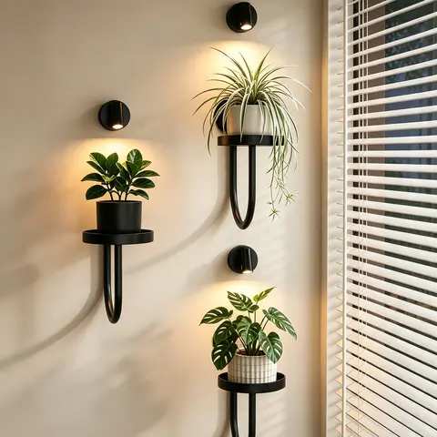 Wall-Mounted Hanging Plant Pot with 3 LED Lights (Non-Grow Lights) - Hardware Wall Planter, Indoor Plant Pot, Hanging Basket, Space-Saving, Floor Space Freed, Includes Mount, Cozy Home Corner Fit, Modern House Decor, Container Gardening Accessory