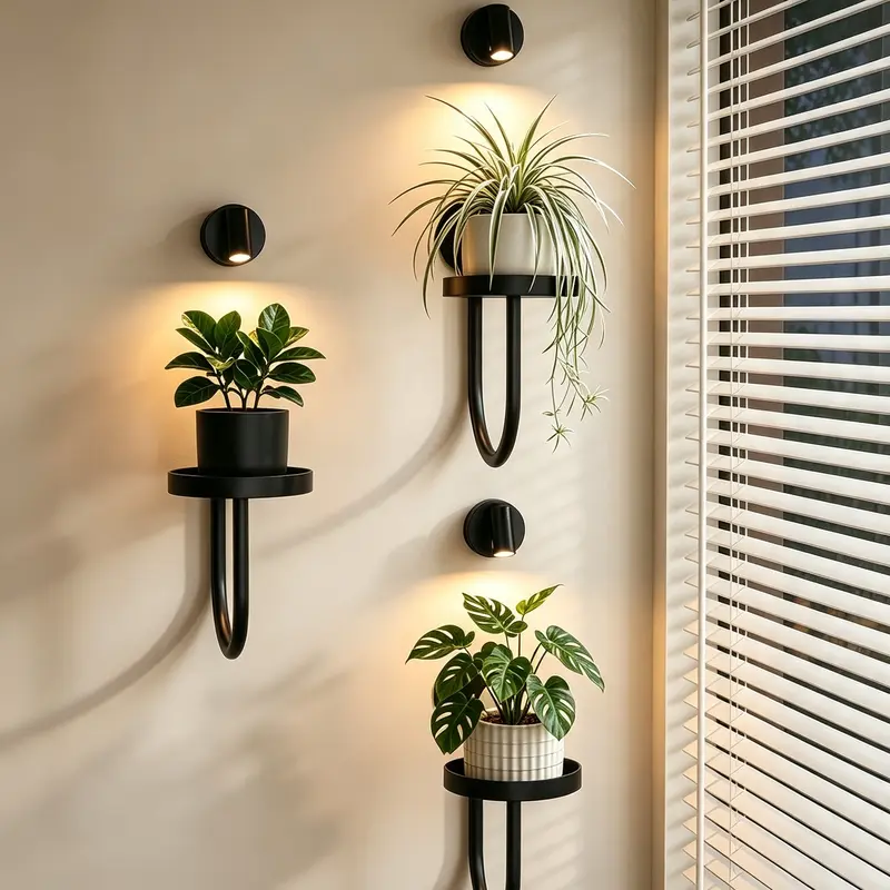 Wall-Mounted Hanging Plant Pot with 3 LED Lights (Non-Grow Lights) - Hardware Wall Planter, Indoor Plant Pot, Hanging Basket, Space-Saving, Floor Space Freed, Includes Mount, Cozy Home Corner Fit, Modern House Decor, Container Gardening Accessory