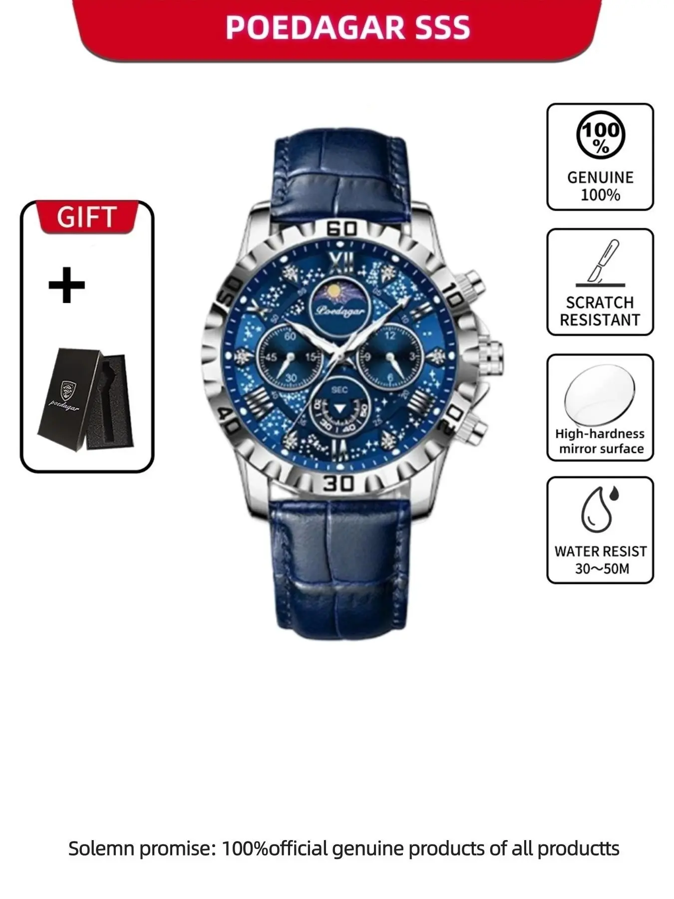 POEDAGAR luxury business and leisure multifunctional belt quartz men's watch, Quartz Wristwatch, a durable timepiece suitable for daily wear and outdoor activities, Quartz Waterproof Watch