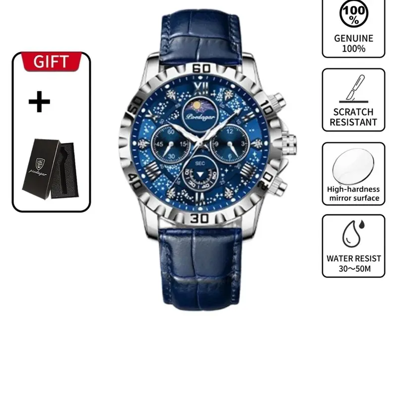 POEDAGAR luxury business and leisure multifunctional belt quartz men's watch, Quartz Wristwatch, a durable timepiece suitable for daily wear and outdoor activities, Quartz Waterproof Watch, Analog Quartz Watches