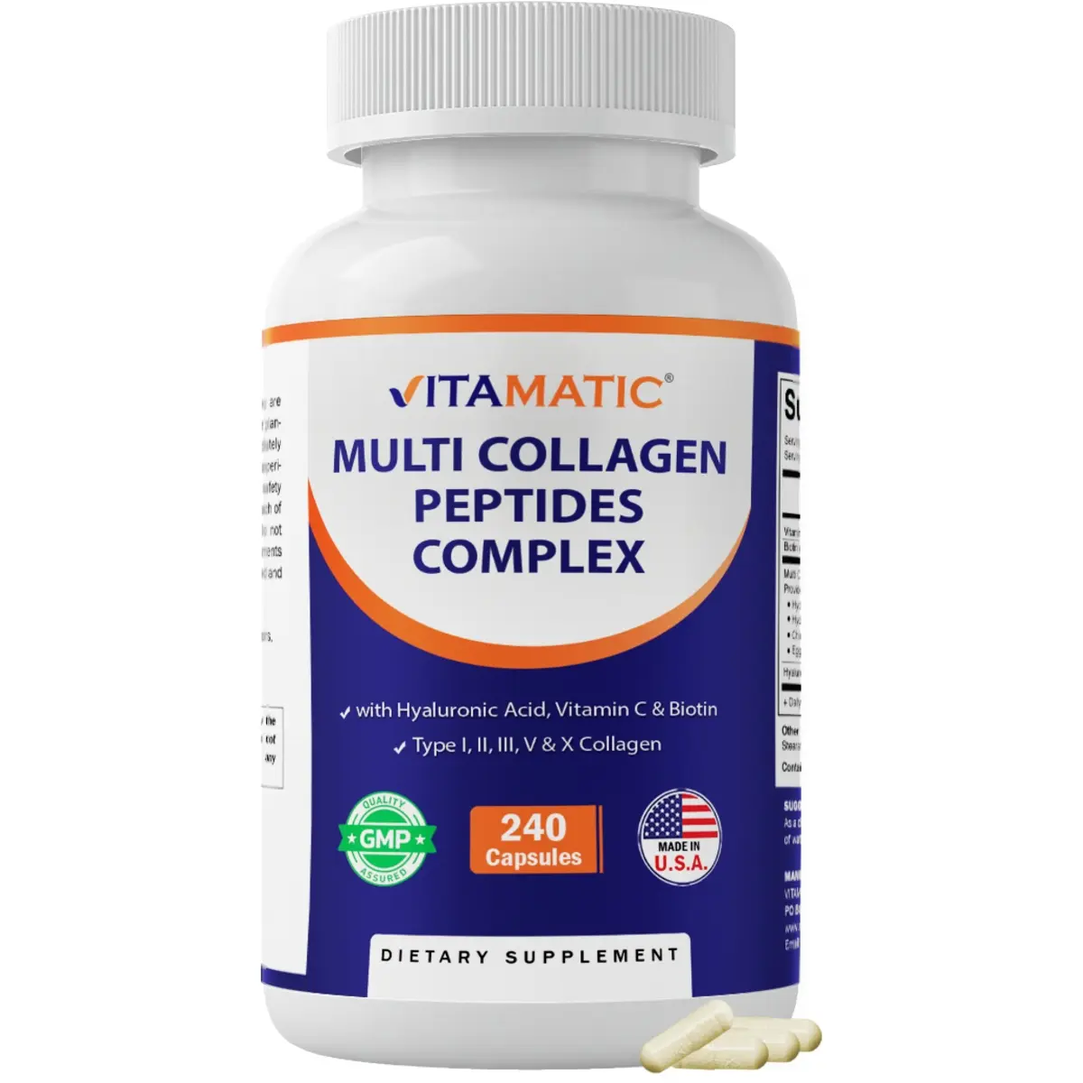 Vitamatic Multi Collagen Peptides Complex Dietary Supplement Capsules - Hyaluronic Acid, Vitamin C, Biotin, Types 1,2,3,5 & X Collagen, 240 Count, Non-GMO, Made in USA, Sugar-Free, Gluten-Free, Healthcare Support