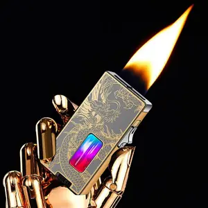 Extra-wide Flame Golden Dragon Engraved Lighter Gravity Ignition Observation Window Design Refillable Adjustable Portable Gift Box Packaging (Fuel Not Included)