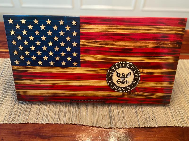 Wooden USA Flag with Military Imagery - Unique Design, approximately 14x2x24 Inches, Hand Painted Stars, Ideal for Collectors and Gifts - Decor
