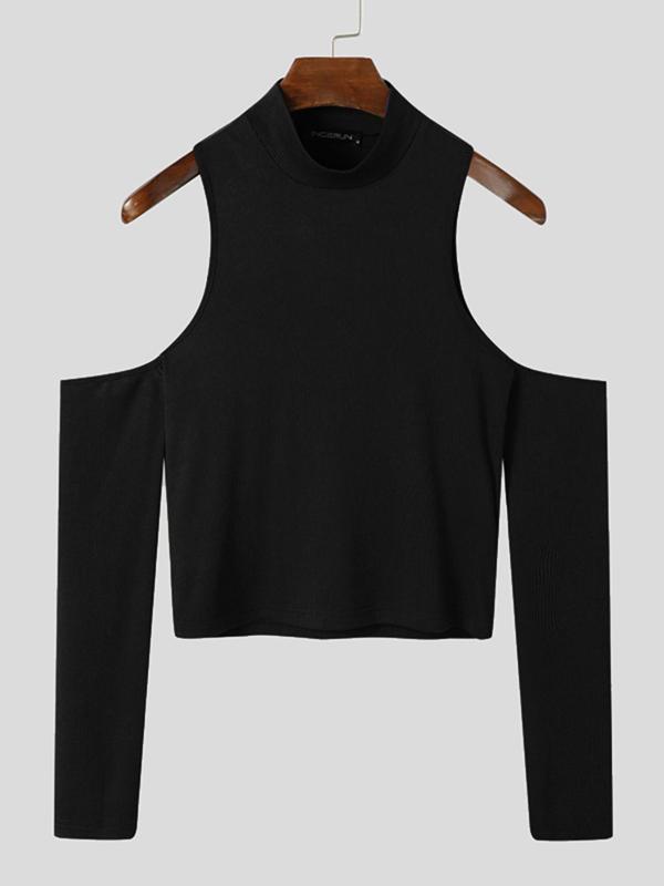 Men's Slim Cold Shoulder Mock Neck Crop Tank Top, Cut Out Long Sleeve T-shirt for Spring & Fall, Comfort Basic Minimalist Menswear for Daily Wear Men's Slim Cold Shoulder Mock Neck Crop Tank Top, Cut Out Long Sleeve T-shirt for Spring & Fall, Comfort Basic Minimalist Menswear for Daily Wear