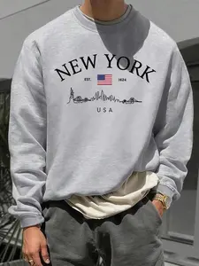 Men's Casual Street Versatile New York English Element Print Crew Neck Pullover Sweatshirt, Long Sleeve Top