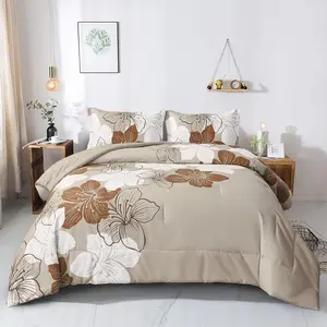 Brown Comforter Set King Taupe Floral Comforter Botanical Bedding Sets, Soft Bed Comforter Set for All Season (1 Comforter, 2 Pillowcases)