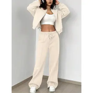 Two-piece Set Women's Solid Zip Up Drop Shoulder Jacket & Pocket Elastic Waist Pants, Casual Fashion Cozy Breathable Two Piece Outfits for Daily Outdoor Wear, Ladies Matching Sets for All Seasons Women's Summer Crop Top and Pant Set Apricot Clothes