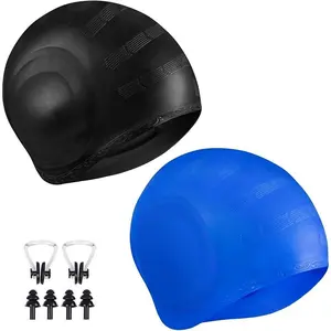 2 Pack Unisex Swim Caps with 3D Ear Protection, Durable Flexible Silicone Swimming Hats for Women Men Kids Adults, Bathing Swimming Caps for Short/Long Hair with Ear Plugs&Nose Clip