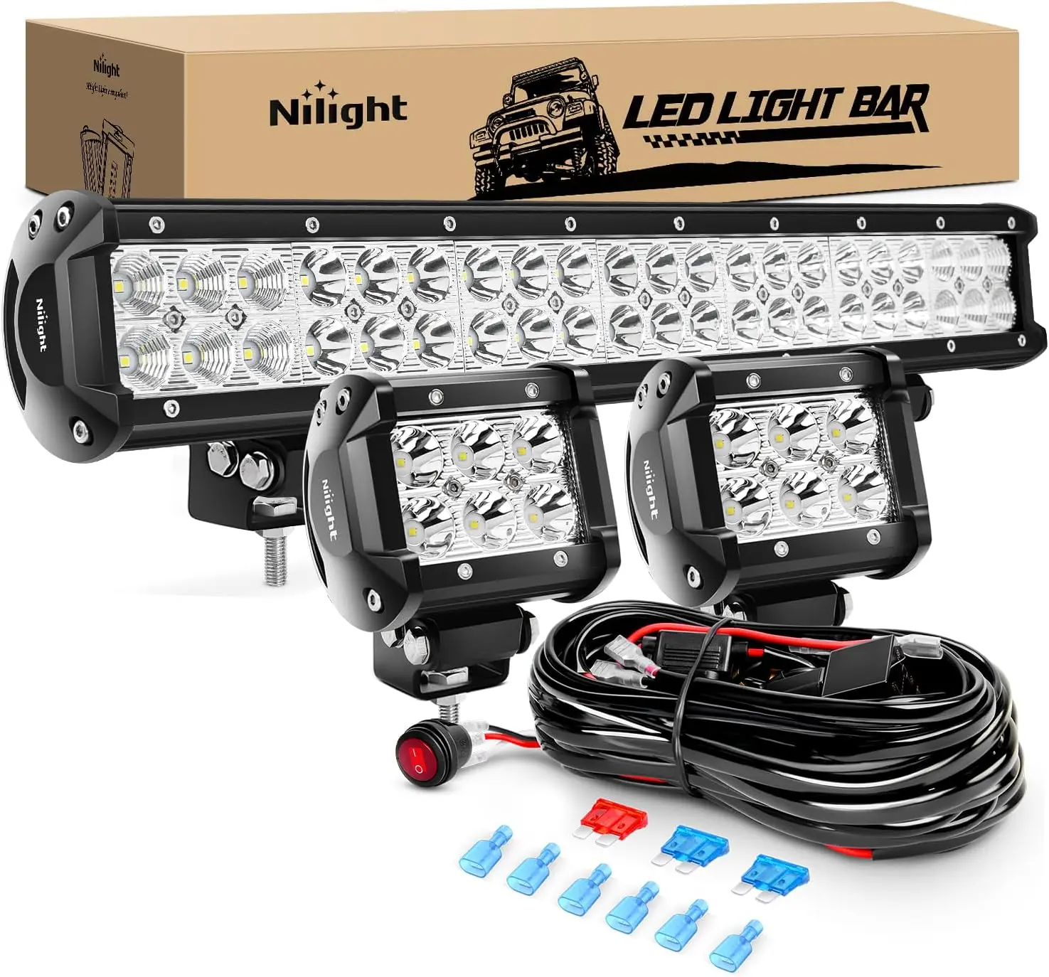 Nilight 20Inch 126W Spot Flood Combo Off Road Led Light Bar 2PCS 18w 4Inch LED Pods With 16AWG Wiring Harness Kit-3 Lead For Tractor, Led Lights Car, Light Bar Car Led Lit Cantilever