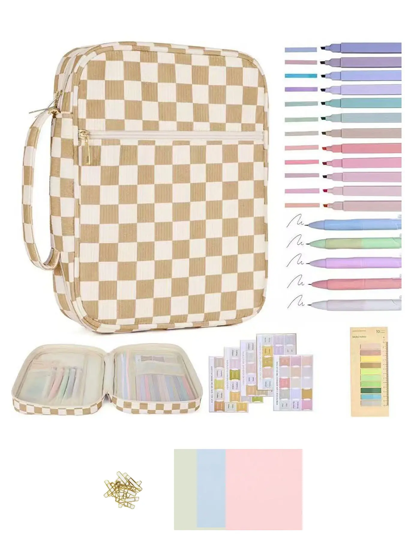 Bible Cover Case for Women Corduroy Bible Case for Girls Checkered Large Bible Cover with Handle ，with Tabs Colored Gel Pen, Highlighters for Study Bible etc，Bible Study Supplies Accessories Christian Gifts for Women (Pink, Green)
