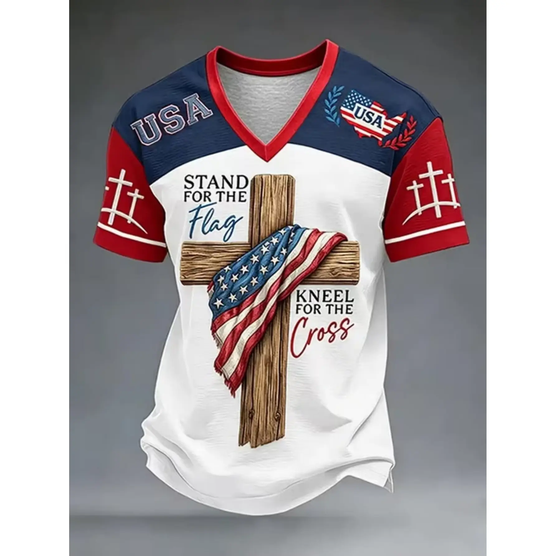 [XXS-7XL] Mesh Fabric Men's V-neck Short Sleeve T-shirt, red, navy, and white contrasting colors with wooden cross wrapped around the American flag slogan and cross sleeve print, patriotic summer casual fashion top