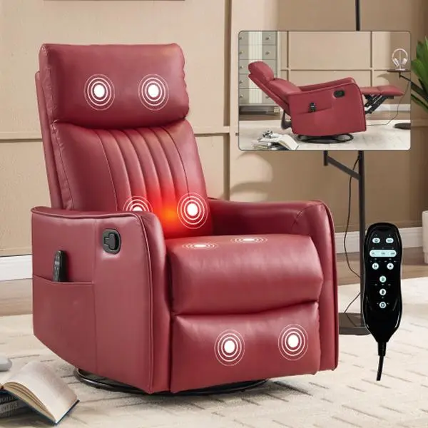 Single Seat Faux Leather Recliner Chair - Living Room Indoor Furniture with Heat, 3 Massage Modes, Timer, 360° Swivel Rocker, 155° Tilt Adjustable Back Manual Recliner, PU Leather, No-Tool Easy Assembly, Lounge Chair (Red, 26.37 x 35.40 x 39.37 inches)