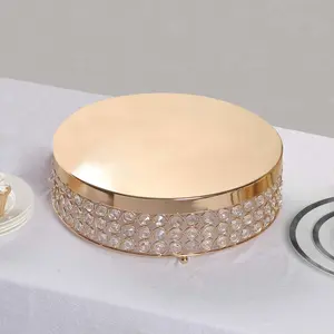 Metal Cake Stand Pedestal Crystal Beaded Design Gold - Cupcake Display and Dessert Riser 14"