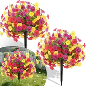 2 Pack Artificial Topiary Ball Trees with Morning Glory Flowers, 20-25 Inch UV Resistant Faux Shrubs with Ground Spikes for Outdoor Porch & Garden Decor