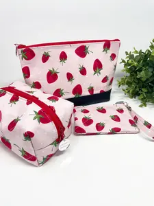 Adorable Strawberries Makeup Bag Set with Zipper Closures for Versatile Organization - Cute and Stylish Design with 3 Sizes of Cotton and PU Leather Material - Slip On Closure Type