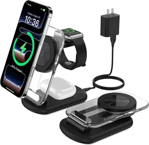 3 in 1 Magnetic Wireless Charging Station for Apple Devices, Fast Foldable Travel Mag-Safe Charger Stand with Night Light for iPhone 17 16 15 14 13 12 Series, Apple Watch/AirPods Pro-Gift for Friends