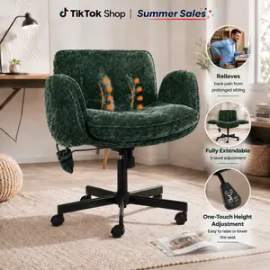 Airbag Support Wide Seat Criss Cross Office Chair with Wheels, Chenille Upholstery, 5-Level Folding Armrests, Adjustable Swivel Vanity Chair for Home & Bedroom Work ergonomic