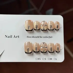 10pcs high-end Sweet, cool and spicy girl style, Maillard golden cat's eyes, sparkling pearls handmade fake nails