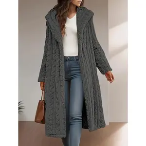 Plus Size Solid Color Plush Hooded Jacket, Warm and Comfortable Long Sleeve Cardigan, Suitable for Autumn and Winter, Women's Plus Size Clothing