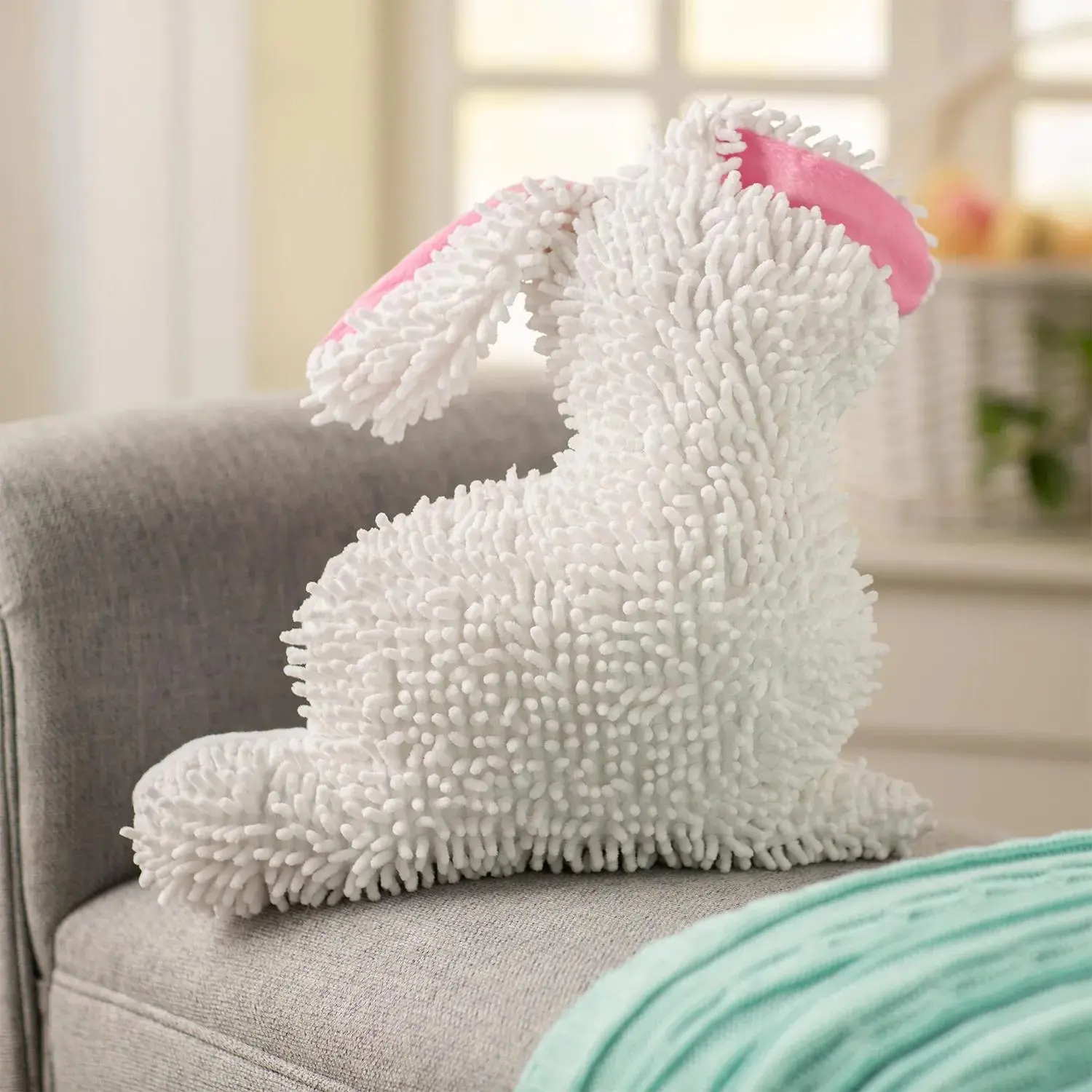 14" Soft Chenille Easter Bunny Shaped Standard Pillow - Padded Cushion with Attached Ears for Decorations