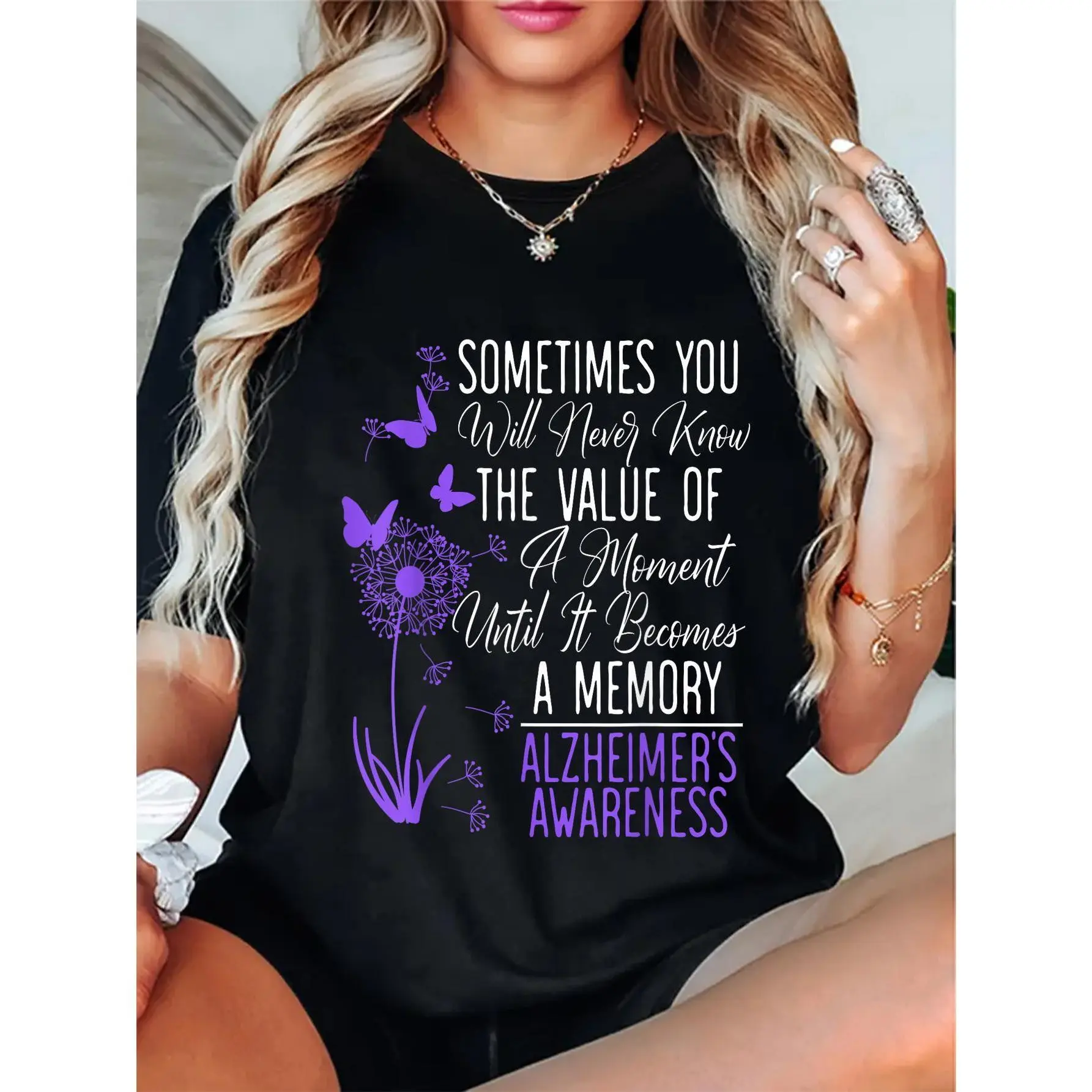 180g Printed Round Neck Short Sleeve T-Shirt Alzheimer'S Disease Awareness Dementia I Wear Purple T-Shirt Top Womenswear Streetwear Summer Crewneck Casual Shortsleeve shirts women vintage graphic tees