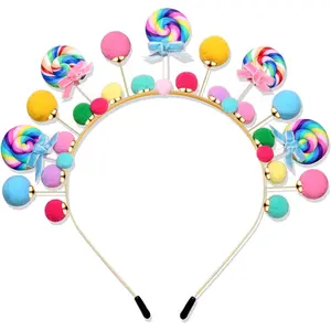 KF5-HBA131 Candy Cane Headband Christmas Lollipop Headpiece Pom Prom Bow Halloween Holiday Accessory Candyland Outfit for Women