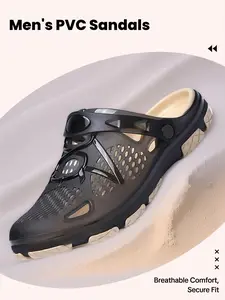 Trendy Men's Casual PVC Jelly Hole Shoes, Breathable Hollow Design, Adjustable Strap, Anti-Slip Thick Sole, Ideal for Home, Beach, Outdoor, Summer