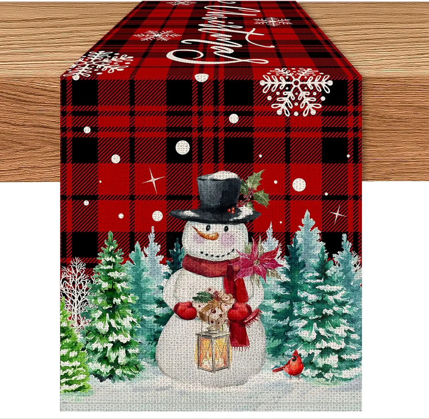 Christmas Table Runner, Christmas Runner for Table 72 Inches, Xmas Snowman Red Buffalo Plaid Runners for Home Dining Kitchen Decor