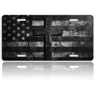 American Flag Cross USA Flag Cute Novelty Decorative Aluminum Metal Front License Plate License Plate Cover Car Plates for Women for Men 6x12 Inch (4 Holes)
