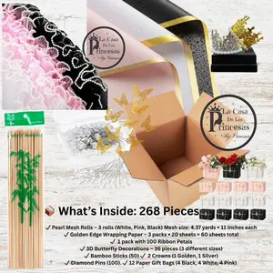 Florist Starter Kit – Gift Wrapping & Crafting Bundle with Pearl Mesh Rolls, Ribbon Petals, Butterfly Decorations . 268-Piece floral paper