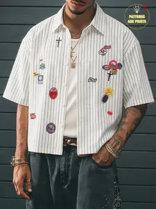 Men’s White Pinstripe Multi-Patch Embroidered Cuban Collar Shirt, Oversized Streetwear Short Sleeve Button-Up with “LOVE” “SUN” “BAD” patches, retro sporty vibe, perfect for casual outings, date nights, and everyday streetwear with a preppy yet edgy aesth