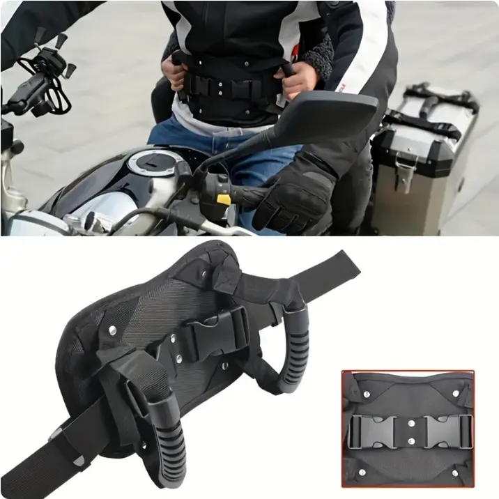 Motorcycle Passenger Grab Handle, Rear Seat Waist Safety Belt for Pillion Rider, Adjustable Back Rest Hand Strap for Motorbike Travel
