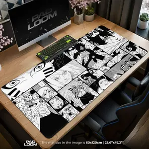 Narut0 Manga Collage Mouse Pad - Black & White Anime Desk Mat 3mm Neoprene Anti-Slip Backing Customizable Sizes 12"x18" 12"x22" 32"x16"