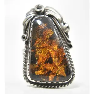 Navajo Amber Ring Long Vintage Sterling Silver Southwest Size  8.2