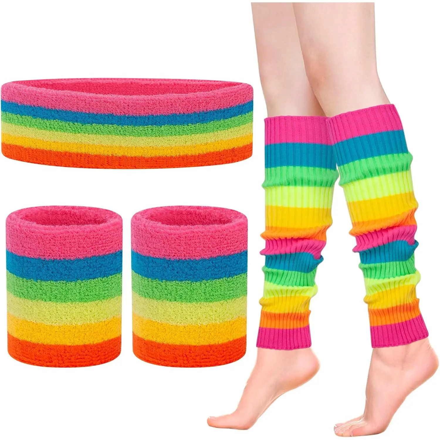 Women's Neon Knit Leg Warmers, 4-Piece 80s Accessory Set with Headband and Wristbands for Costume Parties and Exercise, Cycling, 80S Outfit, Costume Party, Jogging, Halloween, Girls, Workout, Accessories, Breathable