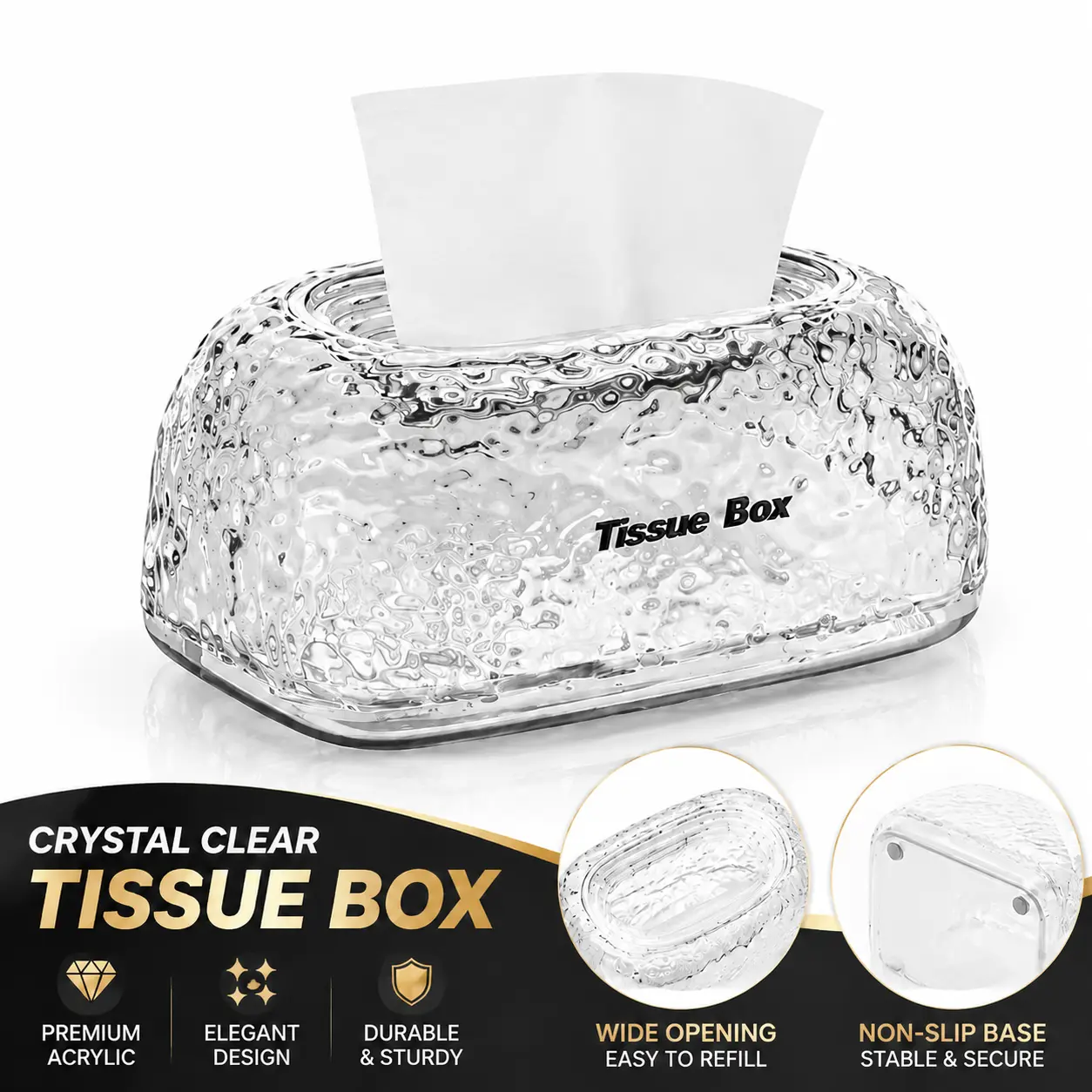 Crystal Rectangular Tissue Box Cover, Decorative Glass Tissue Holder, Sparkling Napkin Facial Tissue Holder for Bathroom Dresser Nightstand Desk Home Decor