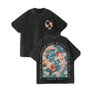 Christian Washed T-Shirt, Koi Patterned T-Shirt, Religious Culture T-Shirt, WHEN YOU GO THOUGH DEEP WATERS, I WILL BE WITH YOU "Conveys The Comforting Meaning Of God And Believers Being Together In Religio. . . men clothing