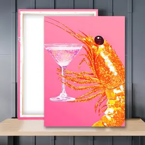 1pc Wooden Framed, Glitter Shrimp Martini Poster, Pink Orange Disco Wall Art Canvas Painting, Prawn Cocktail Seafood Posters, Bar Cart Home Decor, Trendy Dining Room Art Glam Kitchen Print Wall Pictures, Perfect Gift Idea, Art Wall Decoration