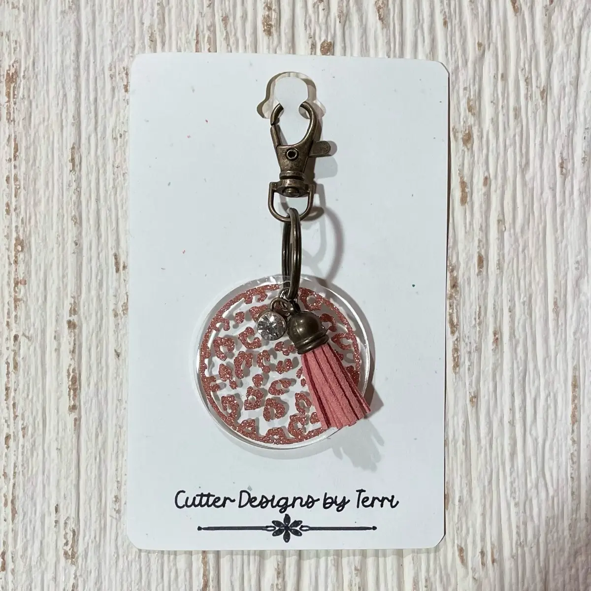 Glitter Rose Gold Leopard Design Acrylic Keychain with Clear Gem and Tassel - Brass Metal Clip