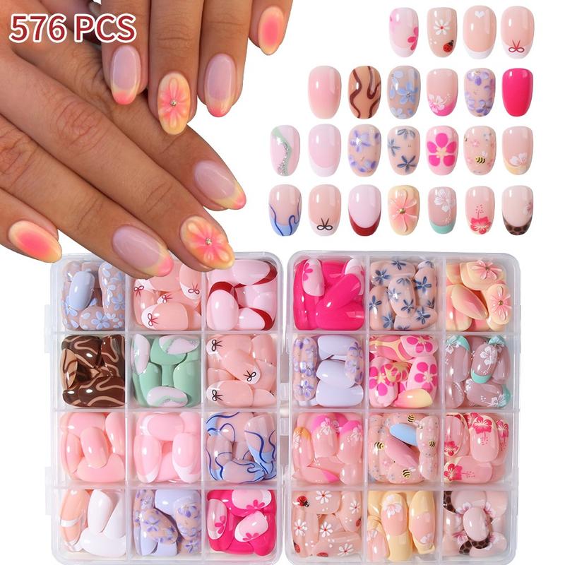 576pcs Short Oval Floral Print Fake Nails Set, Heart Bow Stripe Design, Glossy Finish, Reusable Press-On Nails for Women Girls